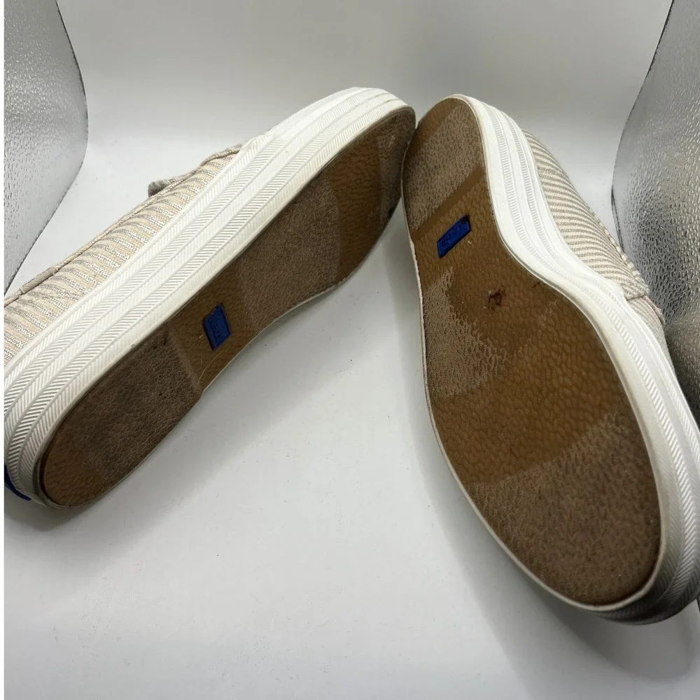 Keds Double Decker Sneaker 7.5 Cream Silver Excellent Striped Metallic Platform